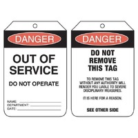 Danger Out of Service Do Not Operate Lockout Tag Punched Hole/No String Pack of 100